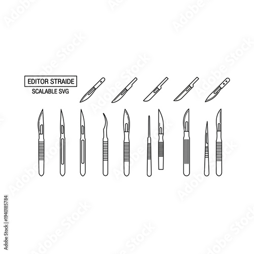 A set of various surgical scalpels and medical utility knives