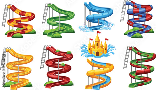 Colorful water park slides collection spiral aqua playground attraction vector illustration set