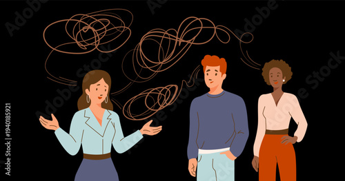 Gossip, misinformation vector illustration. Woman, man with tangled lines representing false rumors, fake news and complex social communication. Concept of misunderstand, toxic talk.