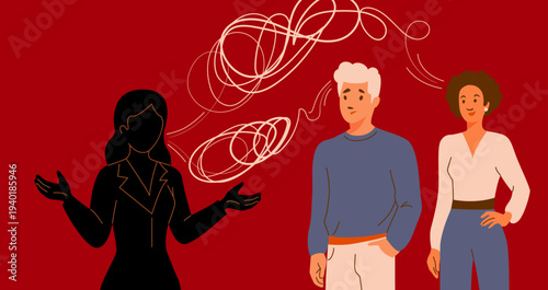 Manipulation, gossip, misinformation vector illustration. Silhouette woman spread false rumors to a group. Tangled lines represent fake news, toxic communication, social chaos