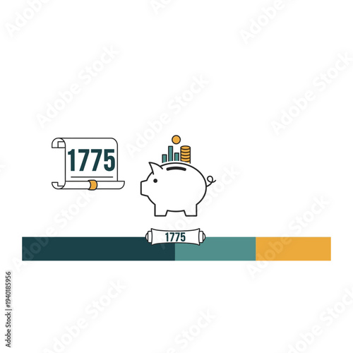 A cartoon piggy bank with a scroll displaying the year 1775 on a colored bar graph background