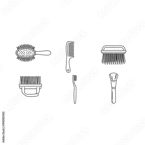 Collection of various hairbrushes and combs in a line drawing style