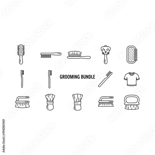 A collection of various barber and hairstyling tools and equipment in a simple line drawing style