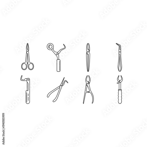 A set of surgical instruments including forceps and scissors