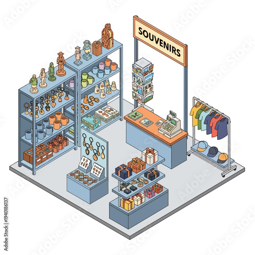 Isometric souvenir shop with various merchandise and displays.