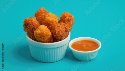 A serving of tasty, crunchy chicken nuggets in a white dish on a teal background. A well-liked fast food item made from breaded or battered chicken, fried or baked