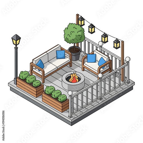 Cozy outdoor patio with fire pit and comfortable seating.