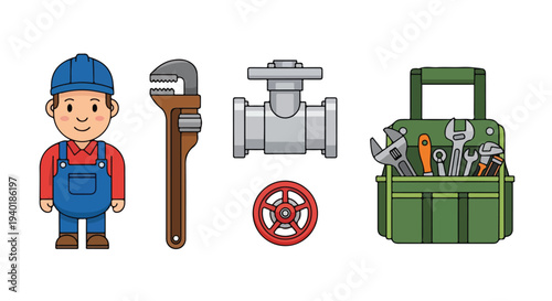 Illustration of a smiling plumber with a toolbox, wrench, valve, and wheel on a plain white background, conveying a helpful and professional mood.