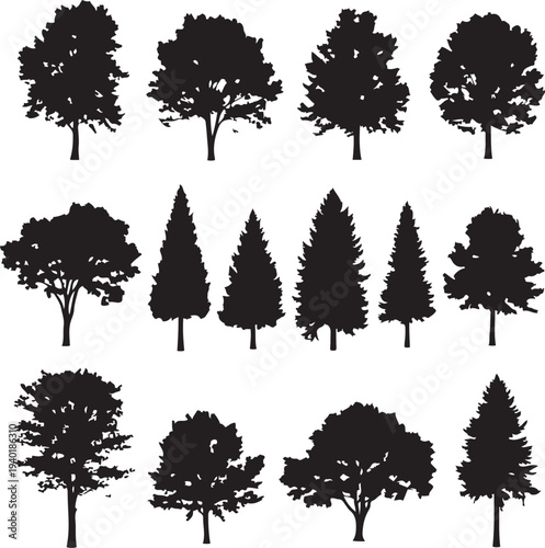 Collection of black tree silhouettes with varied foliage and shapes black and white nature forest deciduous tree