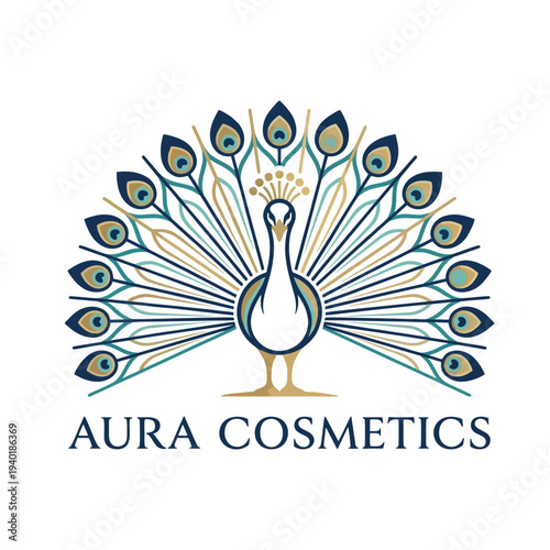 Beauty Peacock Logo, High-end Cosmetic Peacock Logo, Symmetrical Tail Like Sun Rays, Simple Radial Feather Lines, Flat Vector