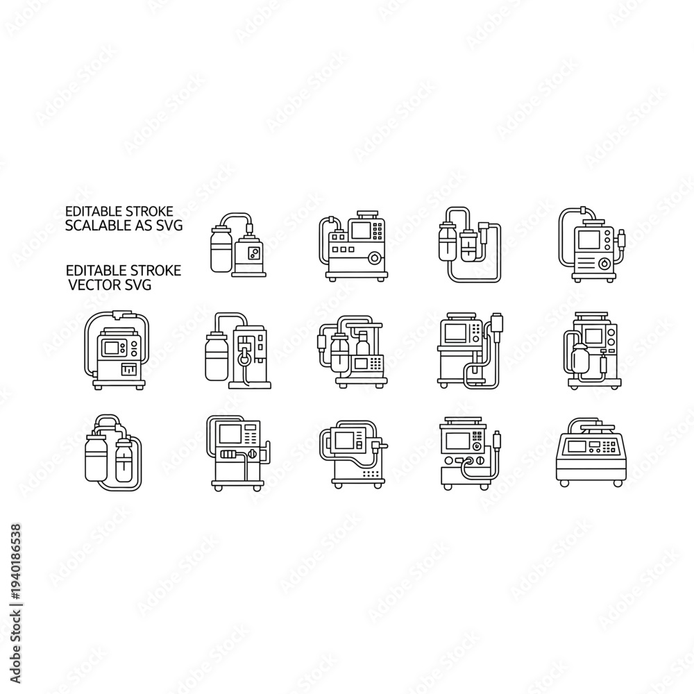 Fototapeta premium Collection of various office supplies and furniture line icons