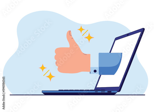 Like icon with thumb up on laptop screen, customer satisfaction and positive feedback concept, social network approval flat vector illustration
