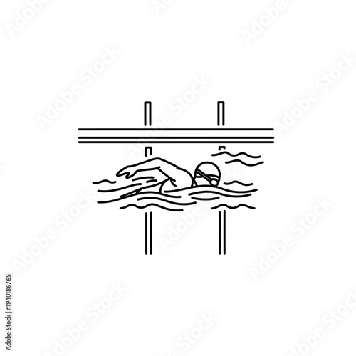A black and white line drawing of a swimmer in a pool with a starting block