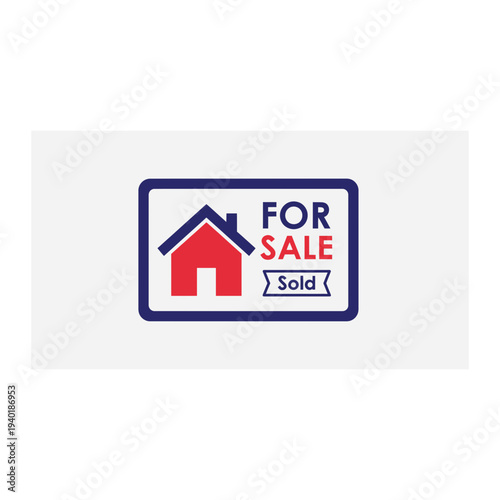 A red house icon with a blue roof and a for sale sign with a sold stamp