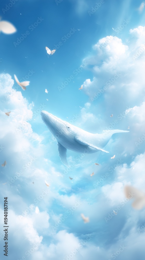 Fototapeta premium Celestial Serenity: A majestic whale soars through a serene sky. It's embraced by soft clouds and delicate butterflies dancing around it, creating a dreamlike and ethereal scene.