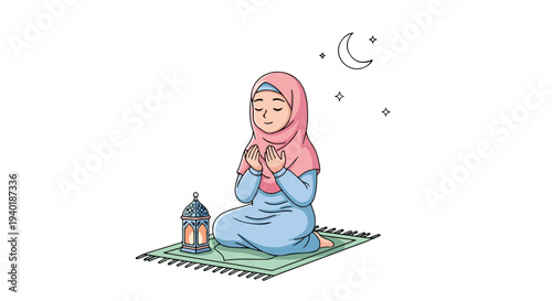 Illustration of a woman wearing a pink hijab and blue dress praying on a green mat with a lantern beside her under a crescent moon and stars.