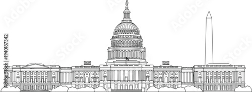 United States Capitol building with Washington Monument architectural line drawing landmark vector illustration