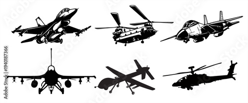 Military aircraft silhouettes set: fighter jets, helicopters, and combat drones.