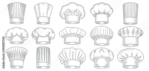 Chef Hat Vector Illustration Featuring Hand Drawn Line Art Cooking Toques for Restaurant, Bakery and Culinary Branding