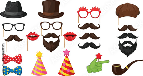 Funny photo booth party props set hats glasses mustache lips bow tie vector illustration