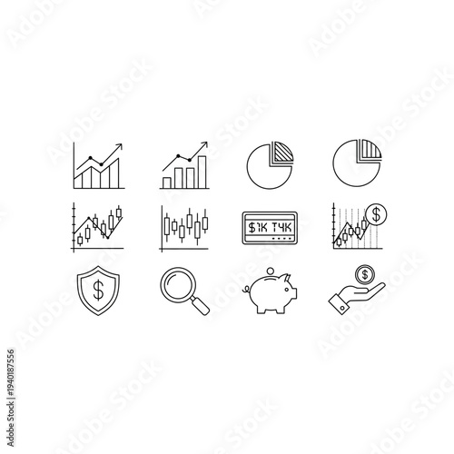 Collection of various business and finance icons in black and white