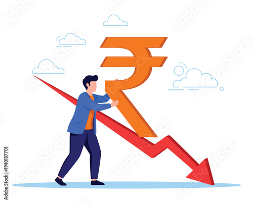 Indian rupee currency symbol falling down with red arrow and businessman trying to push it up representing economic inflation and financial crisis risk