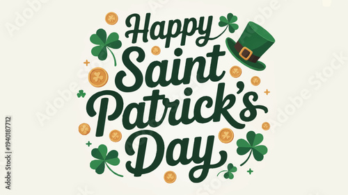 Happy saint patrick's day greeting with green hat clover and gold coins on cream background