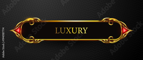 Luxurious golden banner with LUXURY text and red gems on a dark background. Vector illustration.
