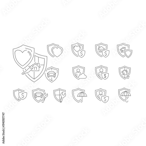 Collection of various shield icons with heart and star designs in line art style