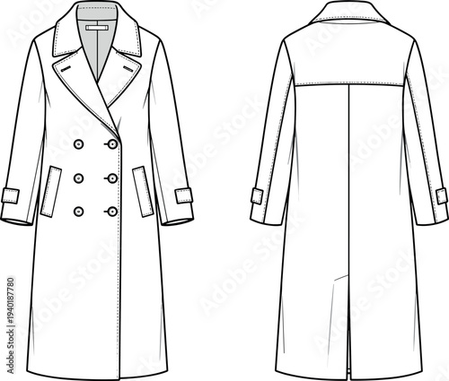 Double breasted women trench coat vector technical fashion flat sketch with notched lapels and back vent for apparel design development.
