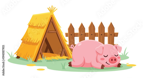 A pink pig sleeping peacefully on green grass beside a brown wooden fence and a yellow tent.