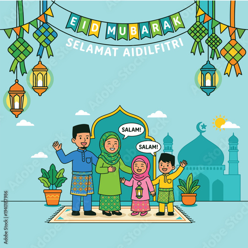 Eid Mubarak Selamat Aidilfitri Muslim Family Greeting Illustration with Mosque and Lanterns