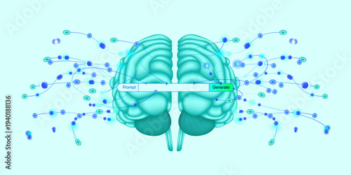 Illustration of abstract stream, AI brain concept. Artificial intelligence. Big data, technology, AI, data transfer, data flow, large language model, generative AI, LLM, NLP. NLG	