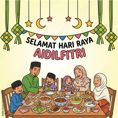 Selamat Hari Raya Aidilfitri Muslim Family Dinner Celebration with Traditional Food