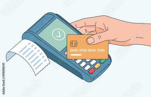 Close up view of hand holding credit card over pos terminal with receipt coming out after successful payment with checkmark
