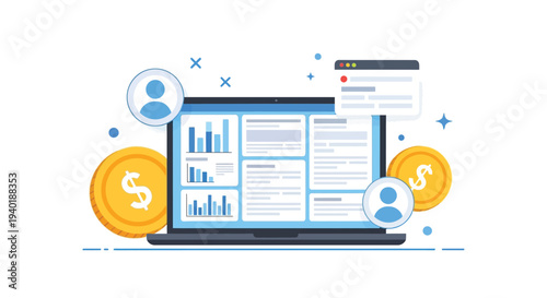 Financial dashboard on laptop screen showing analytics charts and profit reports with dollar coins and user profile icons for digital banking management