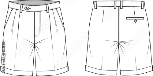 Men's Pleated Chino Shorts Technical Fashion Flat Sketch Vector Illustration with Front and Back View, Belt Loops, and Cuffed Hem