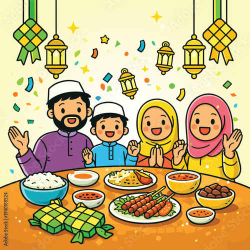 Eid Mubarak Muslim Family Dinner Celebration with Traditional Food Lanterns and Ketupat