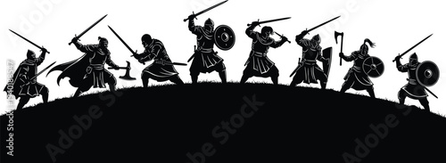 Medieval warriors with swords shields and axes battle silhouettes fantasy knight vector illustration