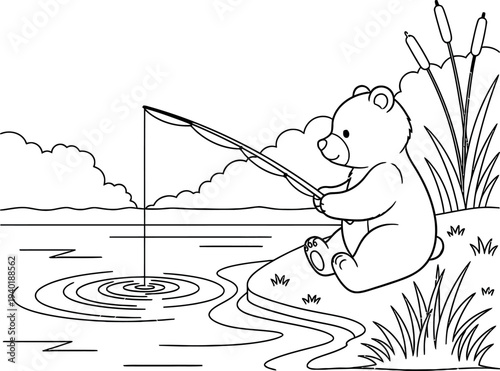 A cartoon bear fishing by a serene lake