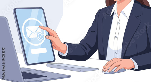 Businesswoman interacting with digital email interface on tablet.