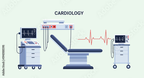 Medical equipment for cardiology examination and treatment in a clinical setting.
