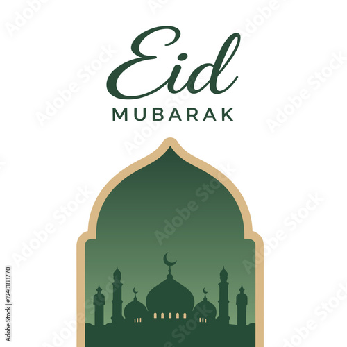 Minimalist Eid Mubarak Islamic Poster with Mosque Silhouette and Arch Frame