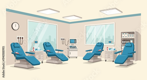 Hospital dialysis room with reclining chairs and medical equipment.
