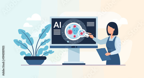 Woman interacting with AI technology on computer screen.