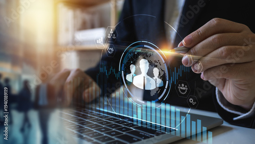 Customer Relationship Management (CRM), Businessman use tablet with global structure customer network technology, Data exchanges development. human resources, social media. digital marketing online.
