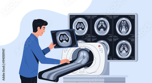 Medical professional analyzing MRI scan results on a computer screen.