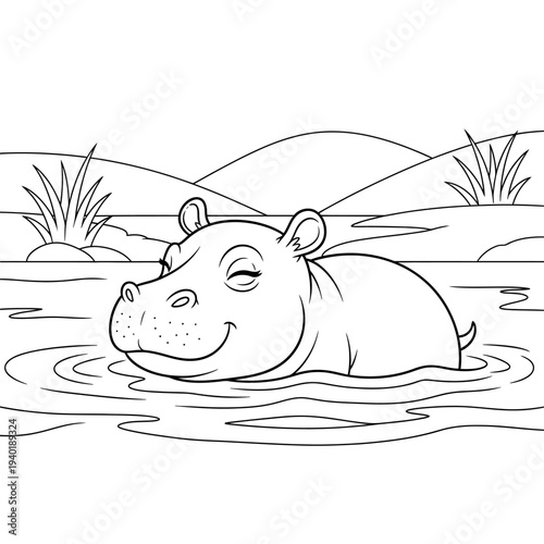 Smiling hippopotamus in a serene lake