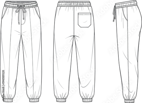 Mens and Womens Vector Technical Flat Sketch of Sweatpants Joggers with Elastic Waistband Drawstring Side Pockets and Ribbed Cuffs Templates