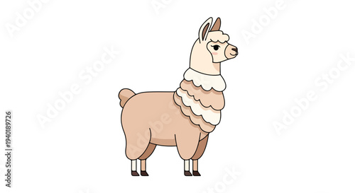 A cartoon llama with a white and light-brown coat stands on a plain white background with a simple, illustrative style.